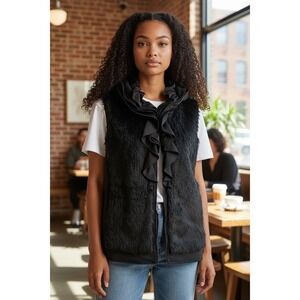 NWT T Tahari Black‎ Faux Fur Ruffle Collar Vest Women's Size Large MSRP: $129